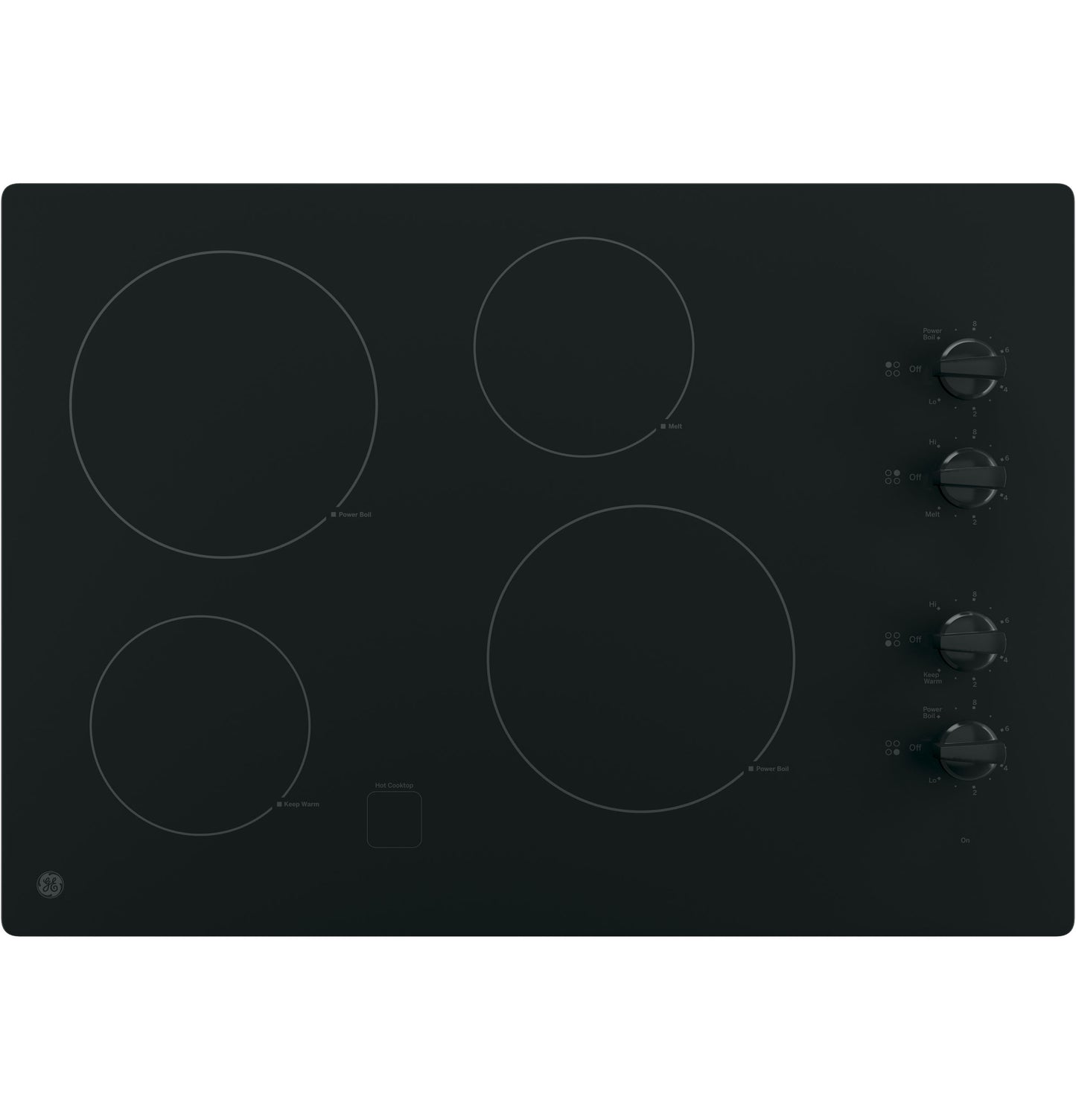 Black built-in electric cooktop with four radiant cooking elements and knob controls in Electric Cooktops and Kitchen collections