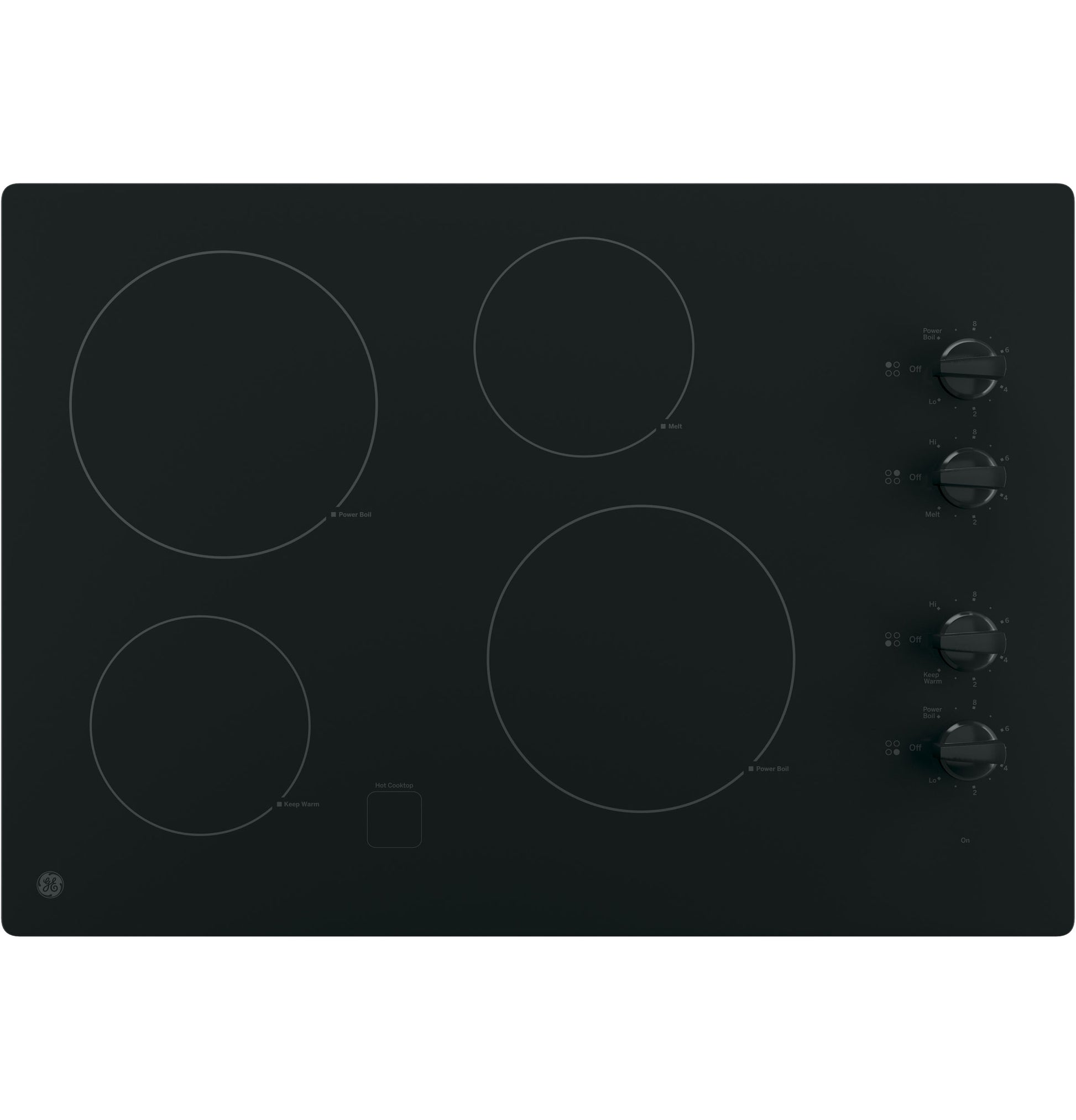 Black built-in electric cooktop with four radiant cooking elements and knob controls in Electric Cooktops and Kitchen collections