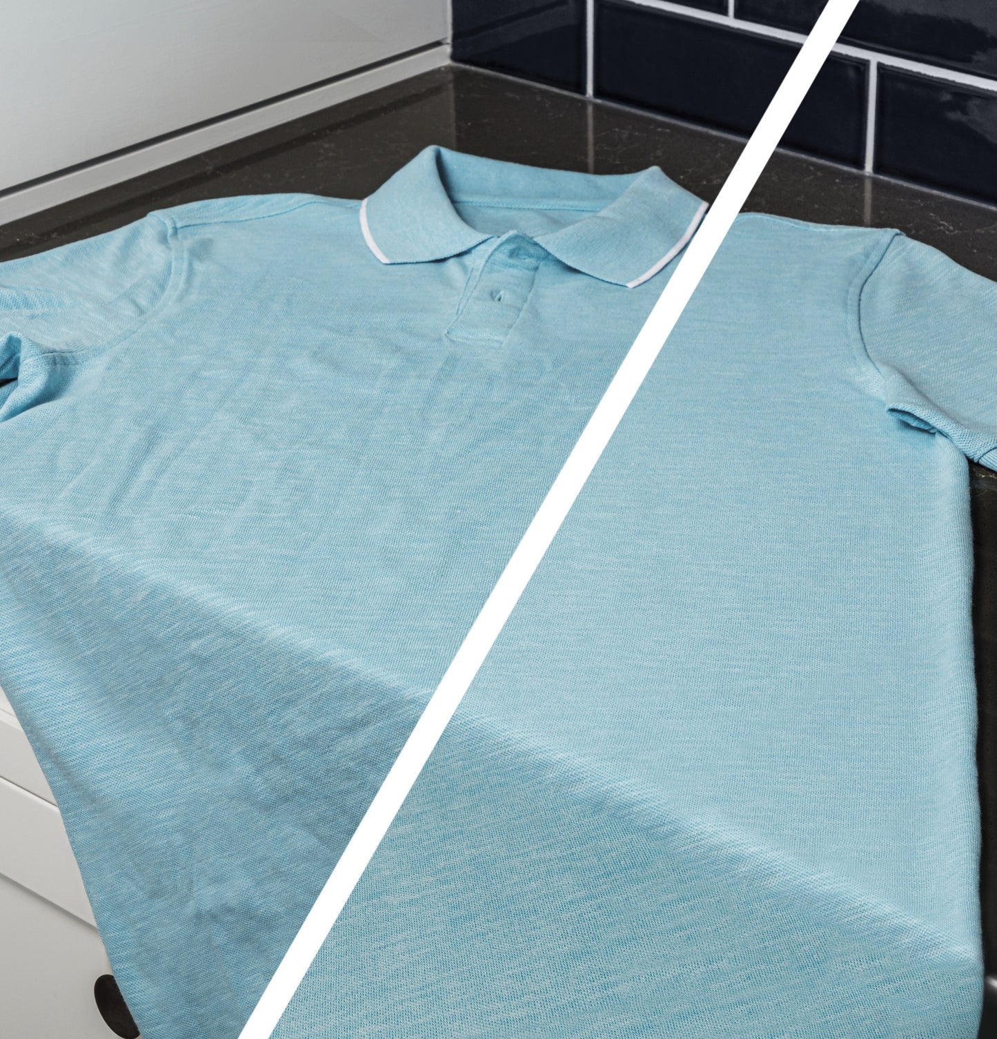 Light blue polo shirt lying flat on black countertop, shown with one side wrinkled and the other side smoothened after drying cycle.