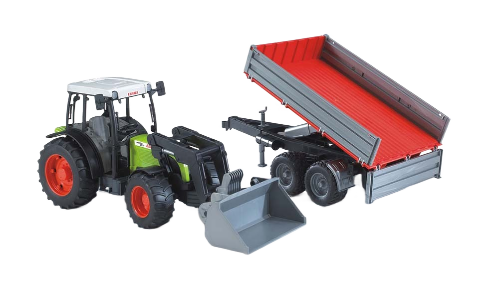 Green and gray toy tractor with front loader and red trailer tipping bed for realistic play and display
