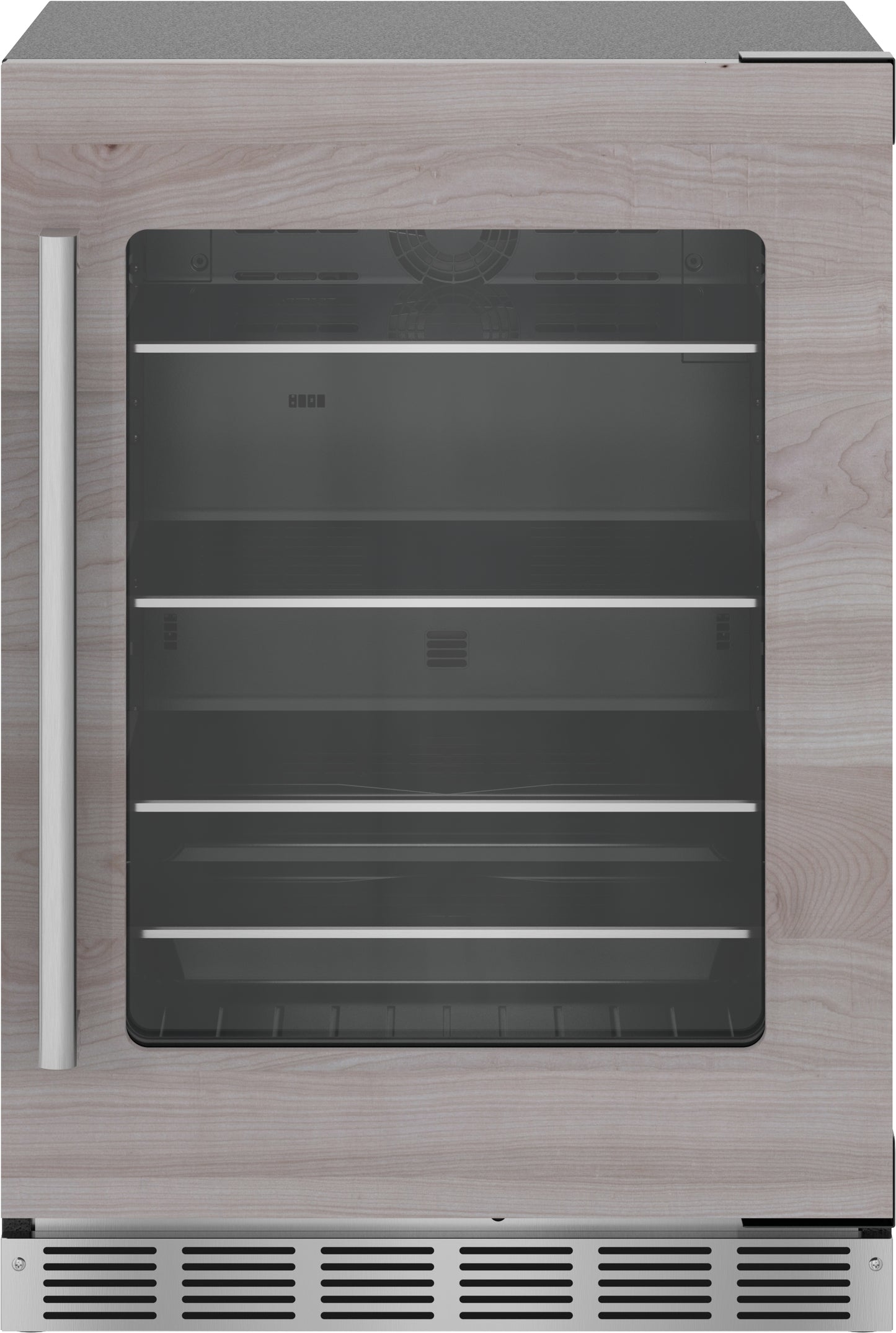 Under counter refrigerator with glass door, wood grain panel, stainless steel handle, and adjustable interior shelves from appliances collection