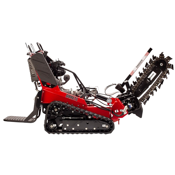 Compact red track trencher with heavy-duty chain and adjustable boom, designed for efficient trenching tasks in rental equipment at Hartville Hardware.