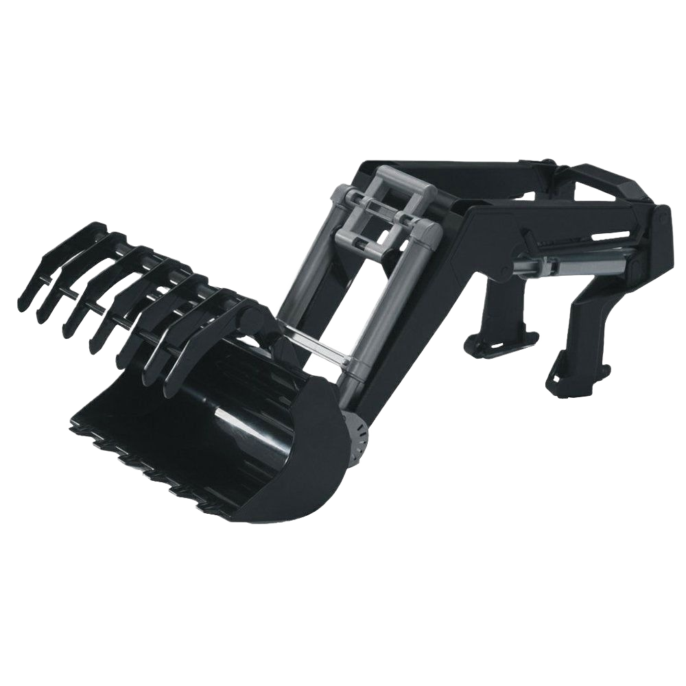 Black front loader attachment with grapple bucket for tractor model in agriculture and construction tasks