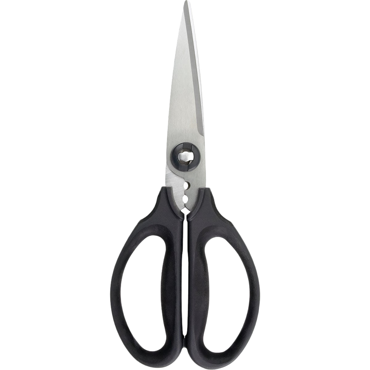 Stainless steel kitchen shears with black ergonomic handles for versatile cutting in kitchen gadgets and cooking utensils collections