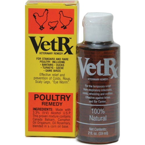Small amber bottle of Vetrx poultry remedy with yellow and orange labeled box for bird health care