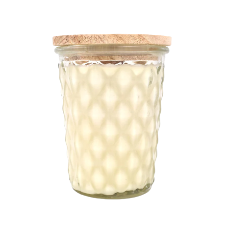 Frosted glass jar candle with textured diamond pattern and natural wood lid for home ambiance and decor