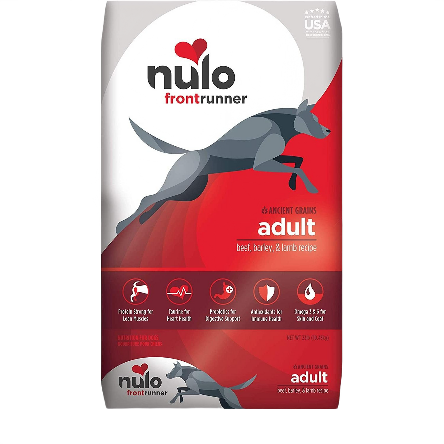 Red and white bag of Nulo Frontrunner adult dry dog food with beef, barley, and lamb recipe features running dog graphic