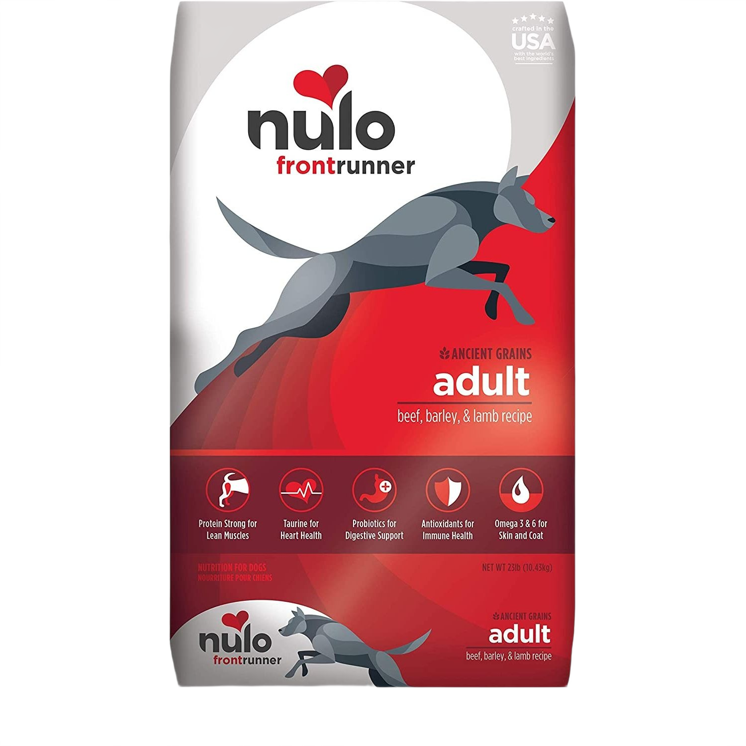 Red and white bag of Nulo Frontrunner adult dry dog food with beef, barley, and lamb recipe features running dog graphic