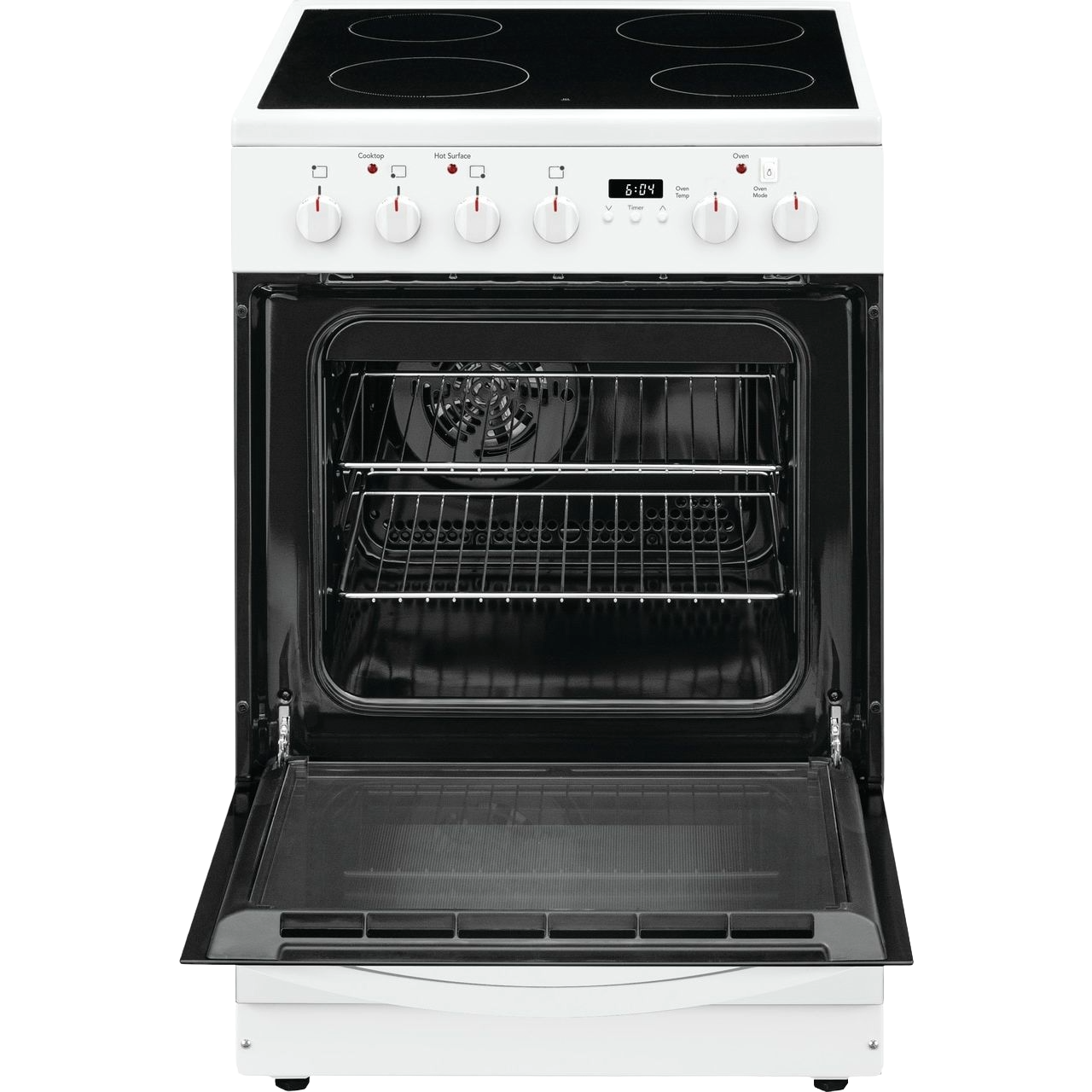 Open freestanding electric range with smooth black cooktop and visible convection fan inside oven interior
