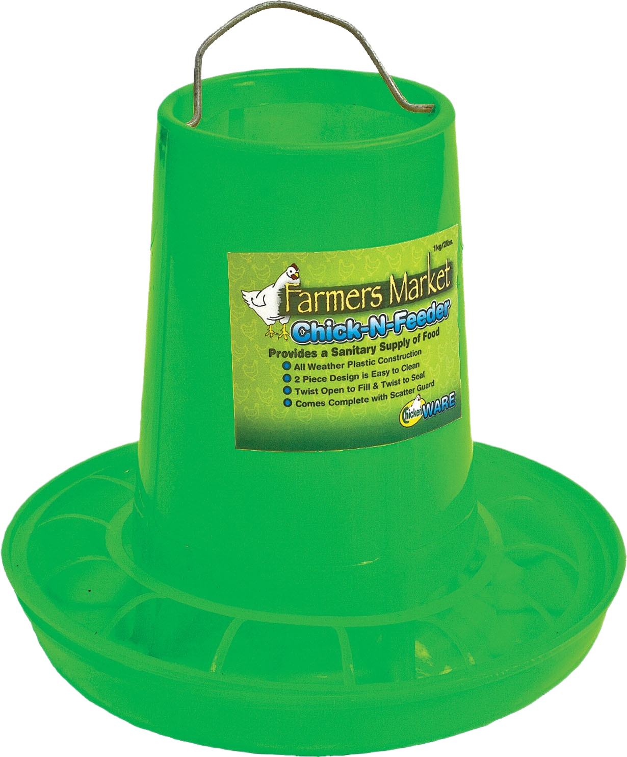 Medium green plastic chick feeder with metal handle and multiple feeding ports for poultry care and farming tools