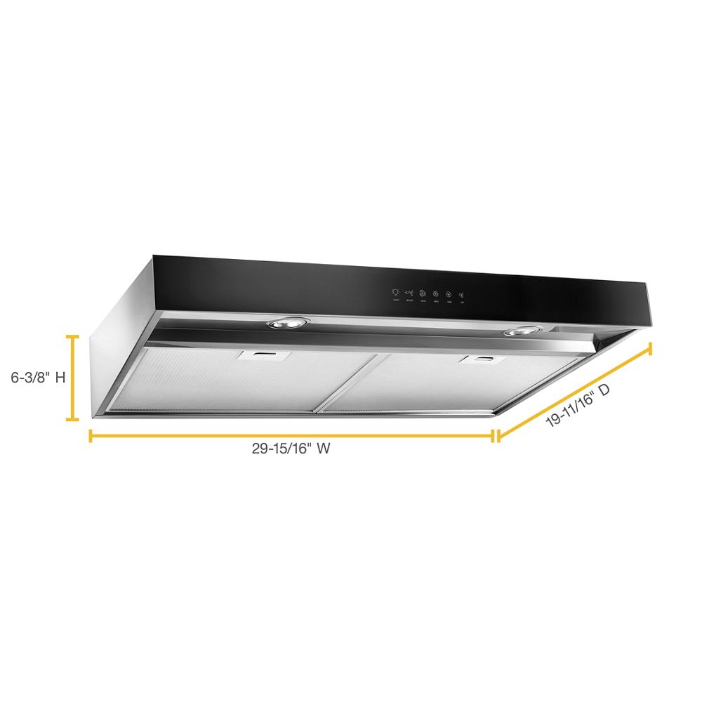 black 30-inch over-the-range kitchen hood with Boost function, LED lighting, and three-speed ventilation for home improvement