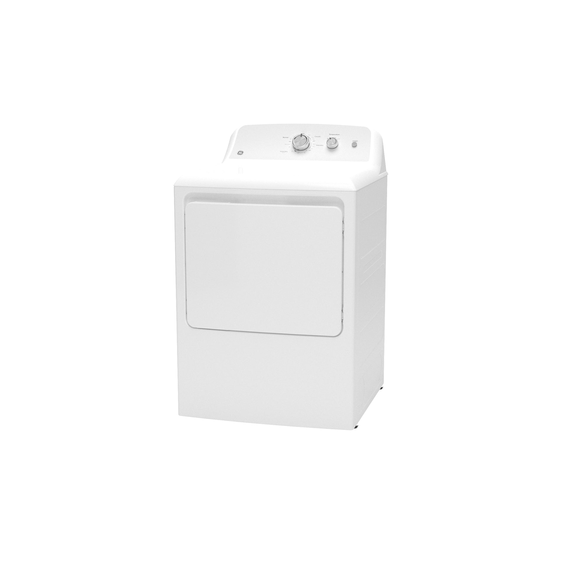 White electric dryer with dial controls and shallow depth design for laundry appliances and home improvement collections
