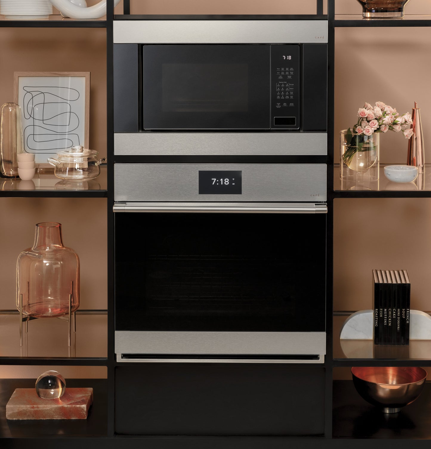 Built-in platinum glass smart wall oven with convection and microwave in modern kitchen display setting