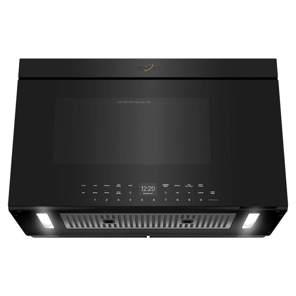 Black Whirlpool air fry over-the-range microwave with flush built-in design and digital touch controls from kitchen appliances collection