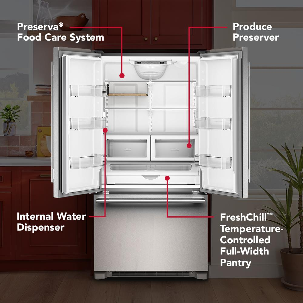 Open stainless steel French door refrigerator with labeled internal features including water dispenser and temperature-controlled pantry