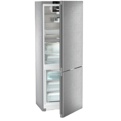 Tall freestanding bottom freezer refrigerator in stainless steel with glass shelves and crisp storage drawers in Appliances collection