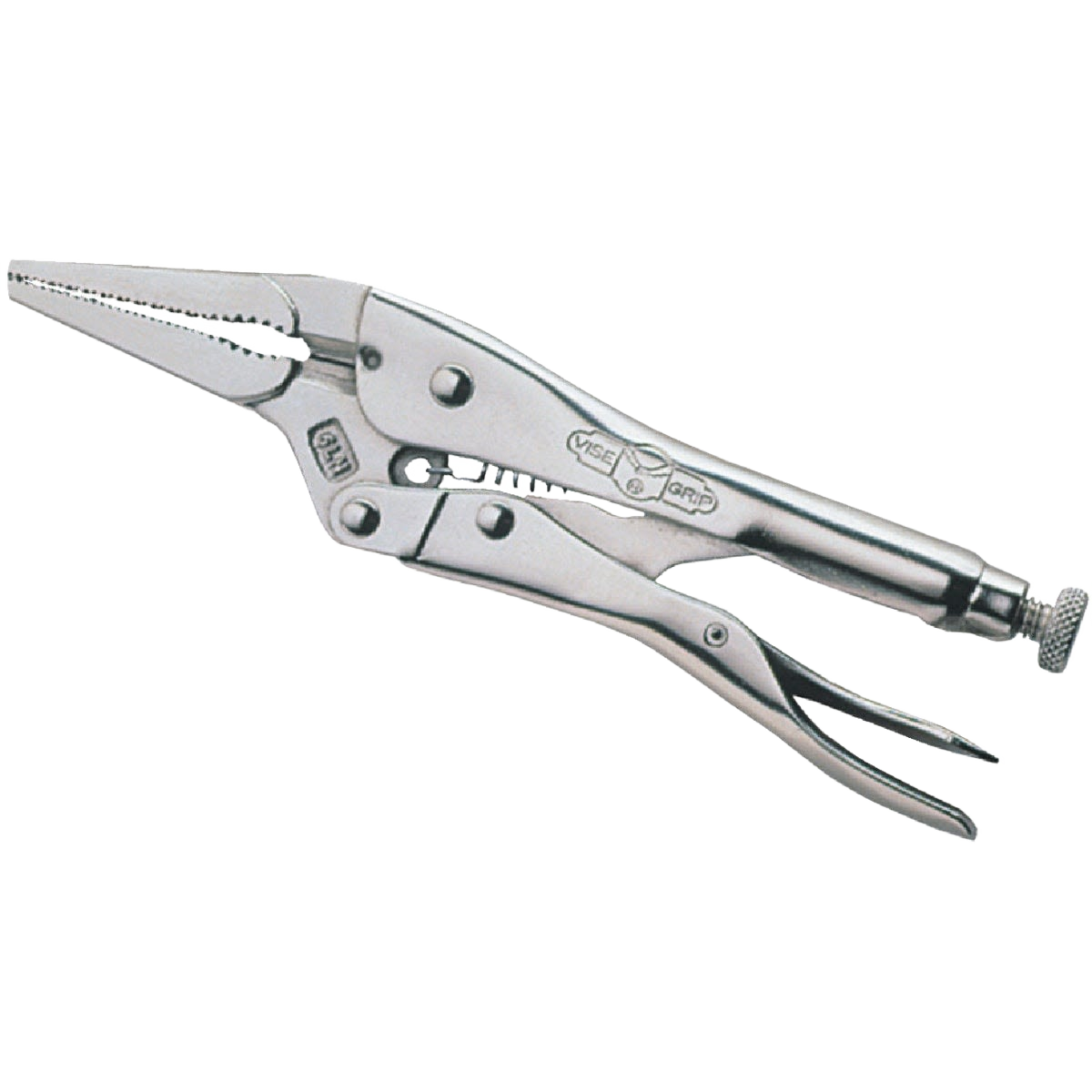 Metal long nose locking pliers with curved jaws and adjustment screw for secure grip in home improvement tasks
