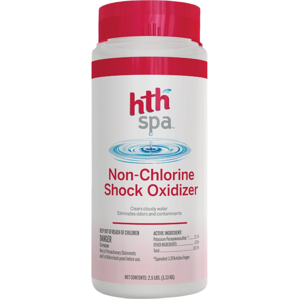 White and red container of spa non-chlorine shock oxidizer for water treatment in home improvement use
