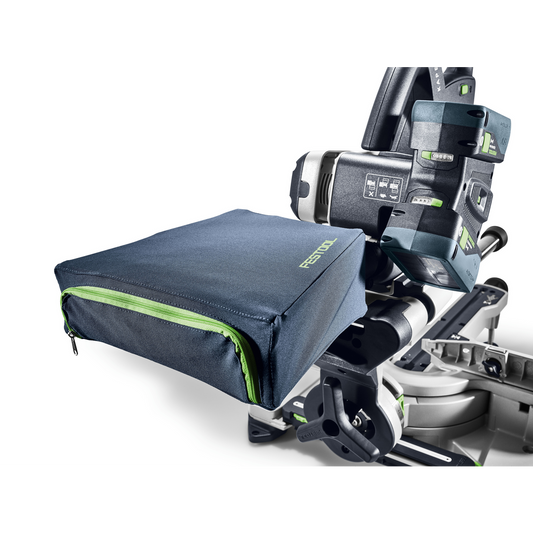 Cordless compound miter saw with a dust collection bag attachment for clean woodworking projects and precise cuts.