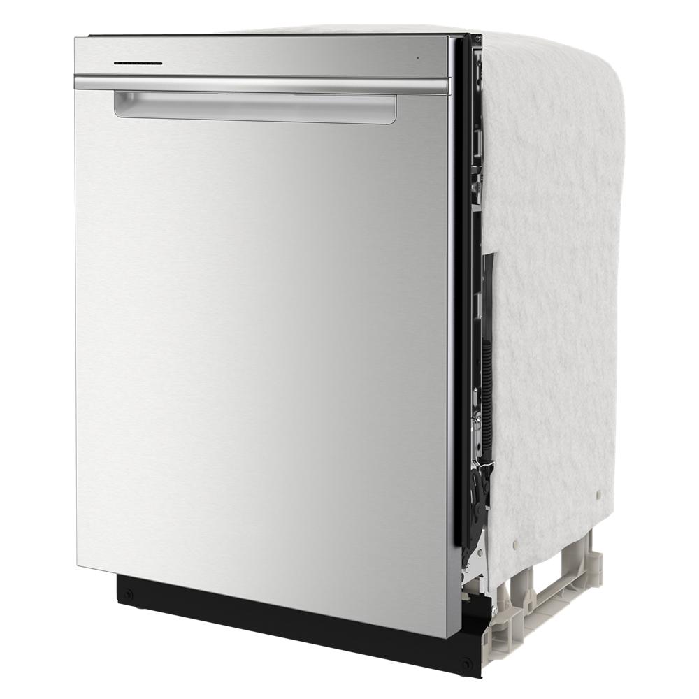 Partially assembled stainless steel dishwasher with integrated handle for kitchen appliances and home improvement collections