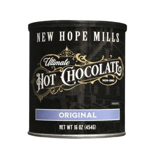 Black canister of New Hope Mills Original hot chocolate mix with vintage lettering and decorative gold accents