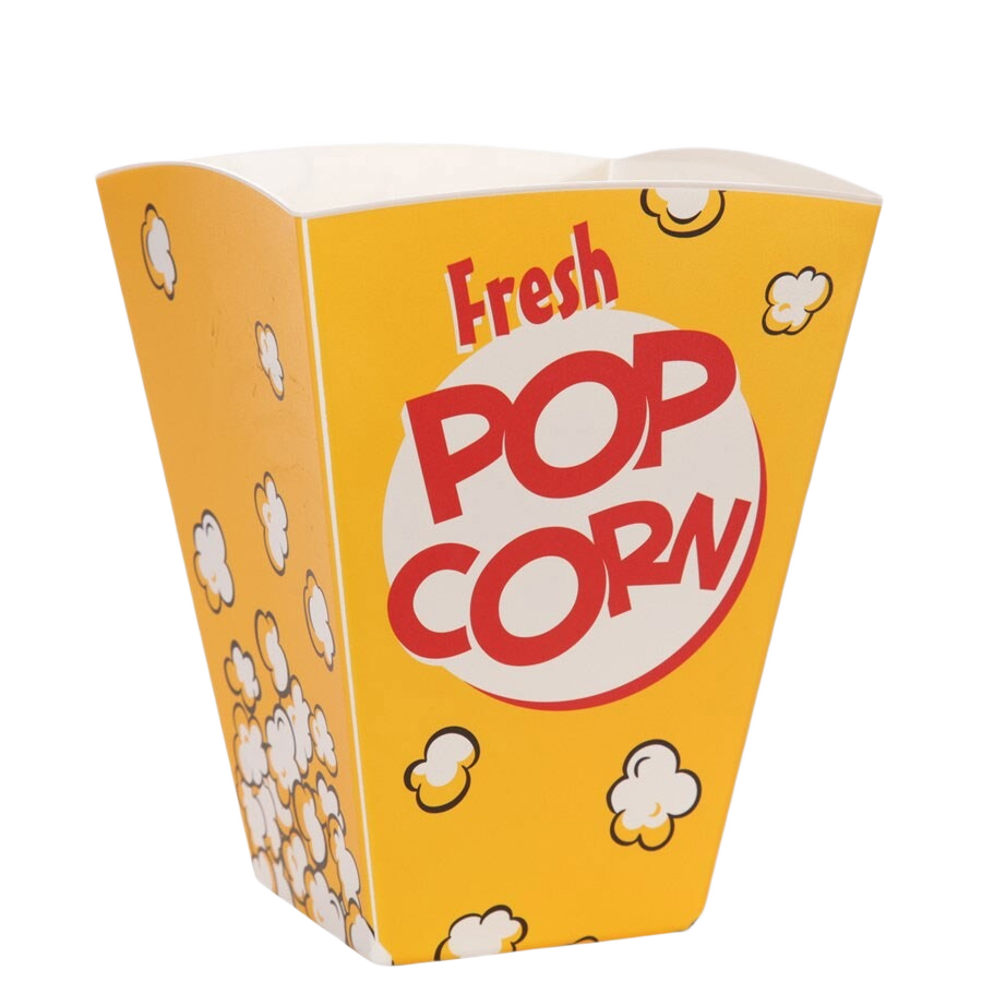 Yellow cinema style popcorn tub with red text and popcorn illustrations from Snacks and Food & Beverage collections
