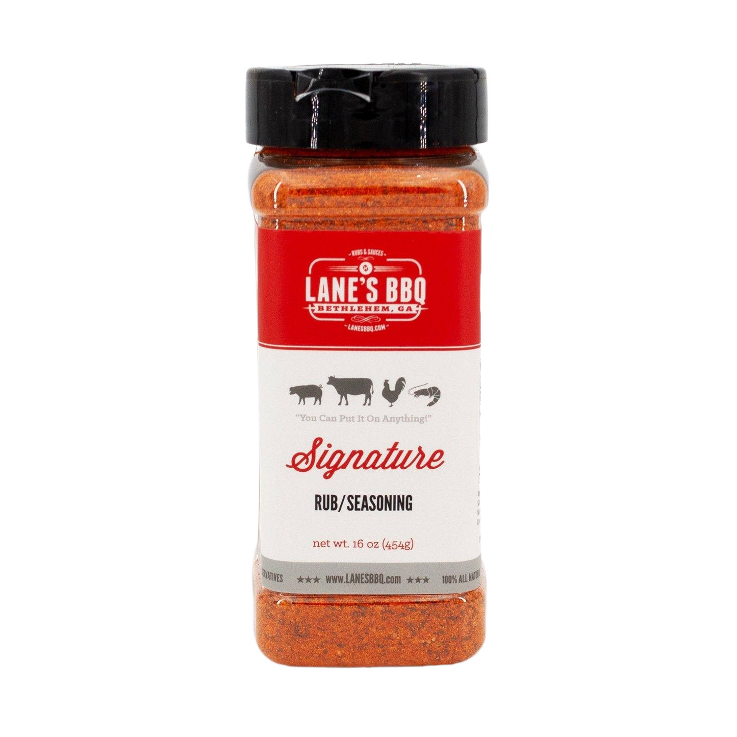 16 oz container of Lane's BBQ Signature rub with red seasoning blend for grilling and outdoor cooking collections