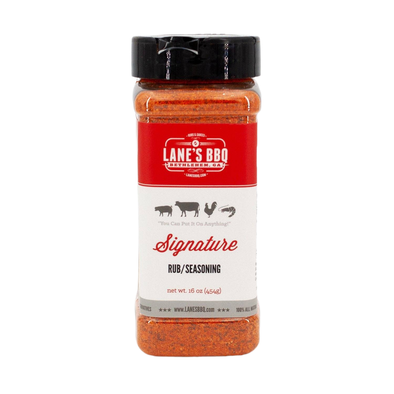 16 oz container of Lane's BBQ Signature rub with red seasoning blend for grilling and outdoor cooking collections