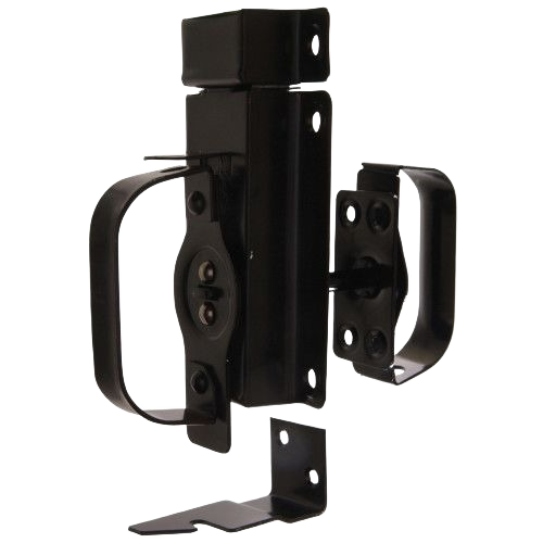 Black steel swinging door latch with zinc finish and spring mechanism for door and gate hardware under $50 collection