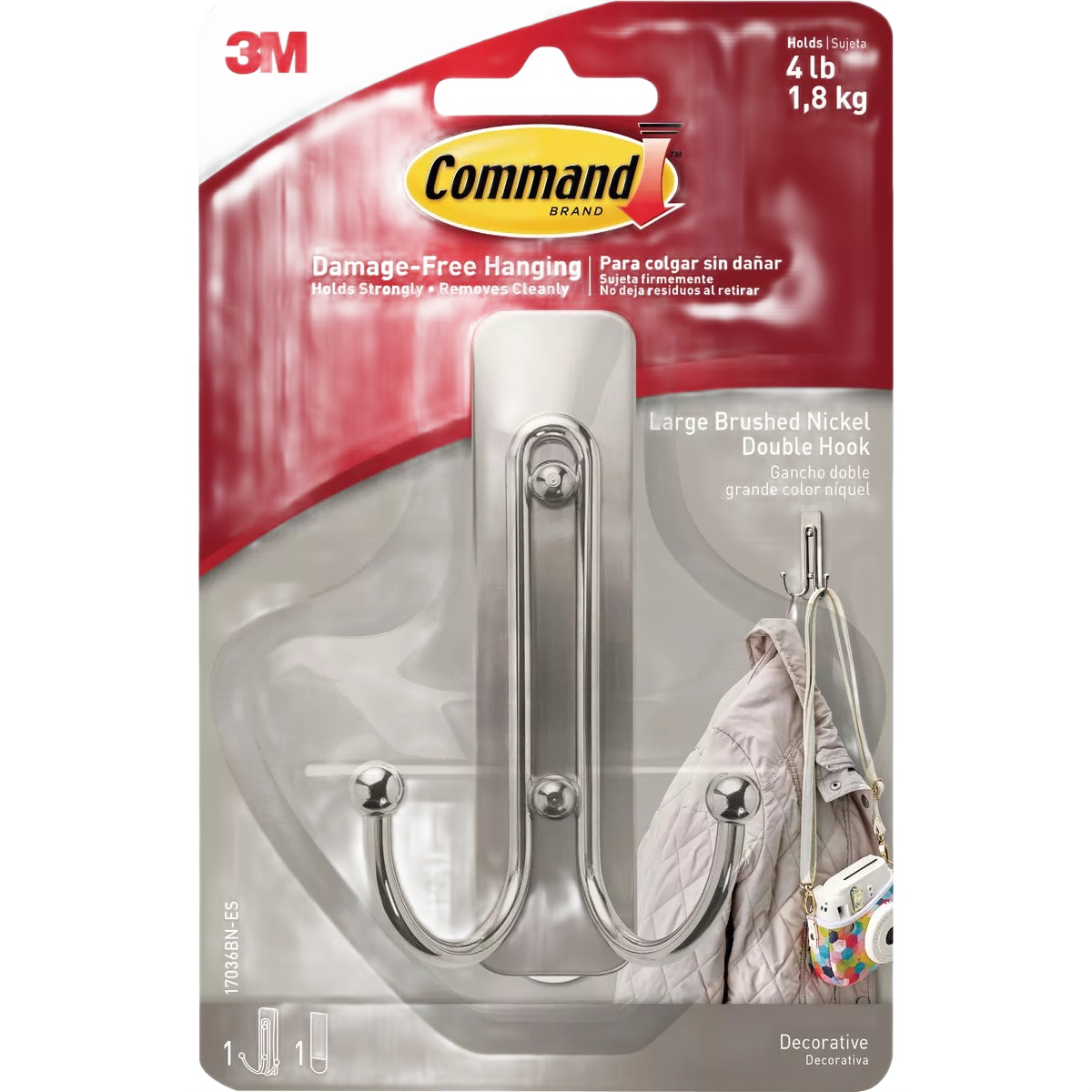 Large brushed nickel double hook with adhesive strip for damage-free hanging in home improvement and hardware projects under $50