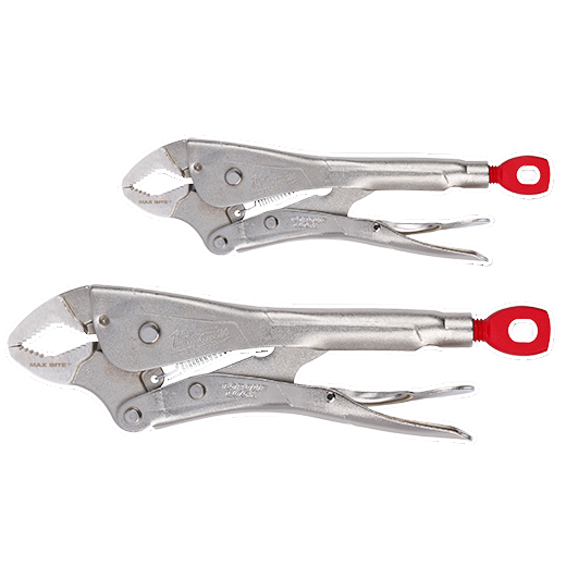 Two silver locking pliers with red handles featuring MAXBITE jaws for secure gripping in tools and home improvement use