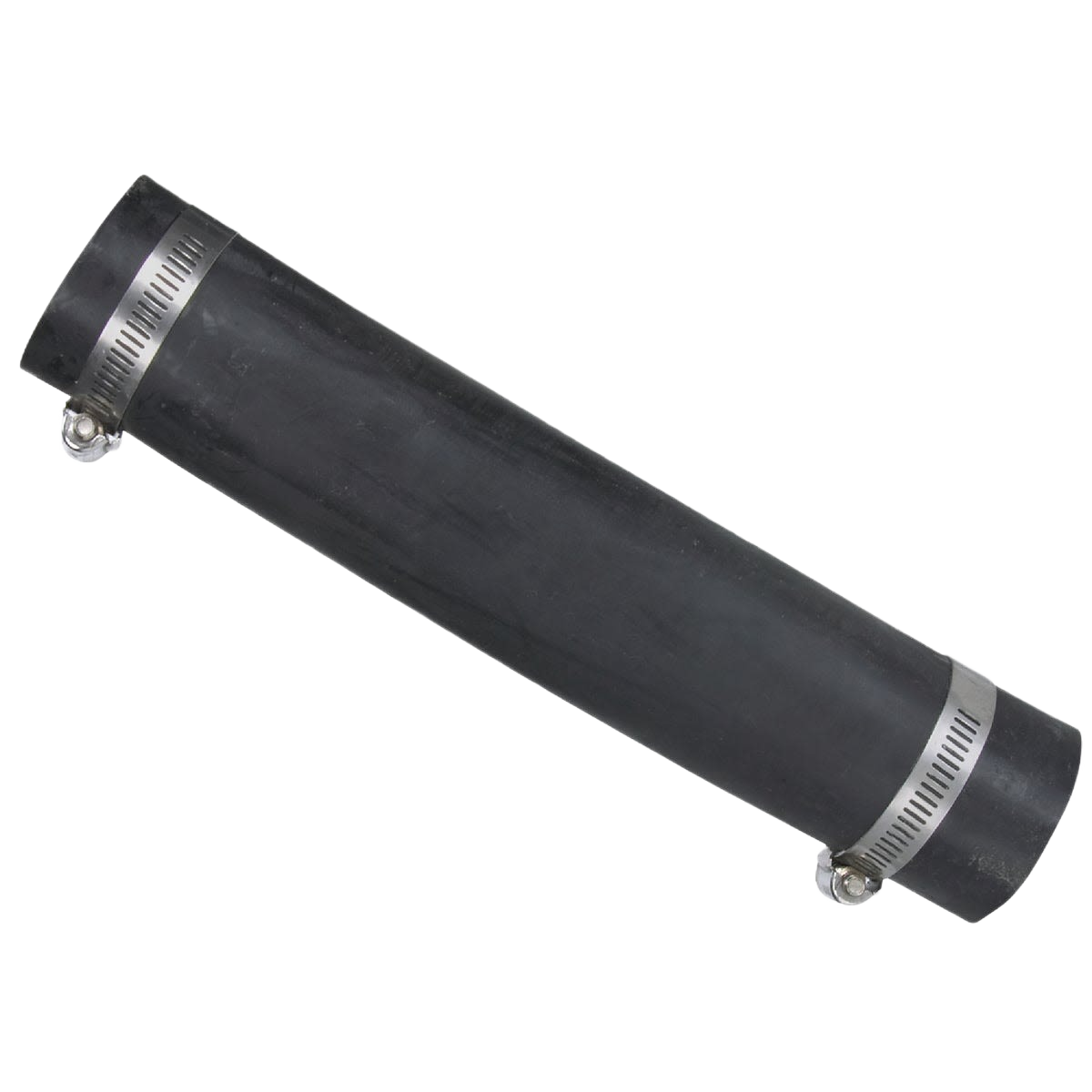 Flexible black rubber hose with metal clamps on both ends for quick connection in home improvement projects