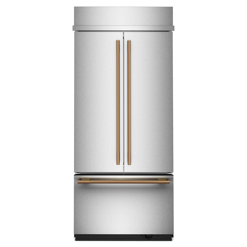 Built-in 36-inch French door refrigerator with bottom freezer and customizable gold-tone hardware in KitchenAid appliances collection