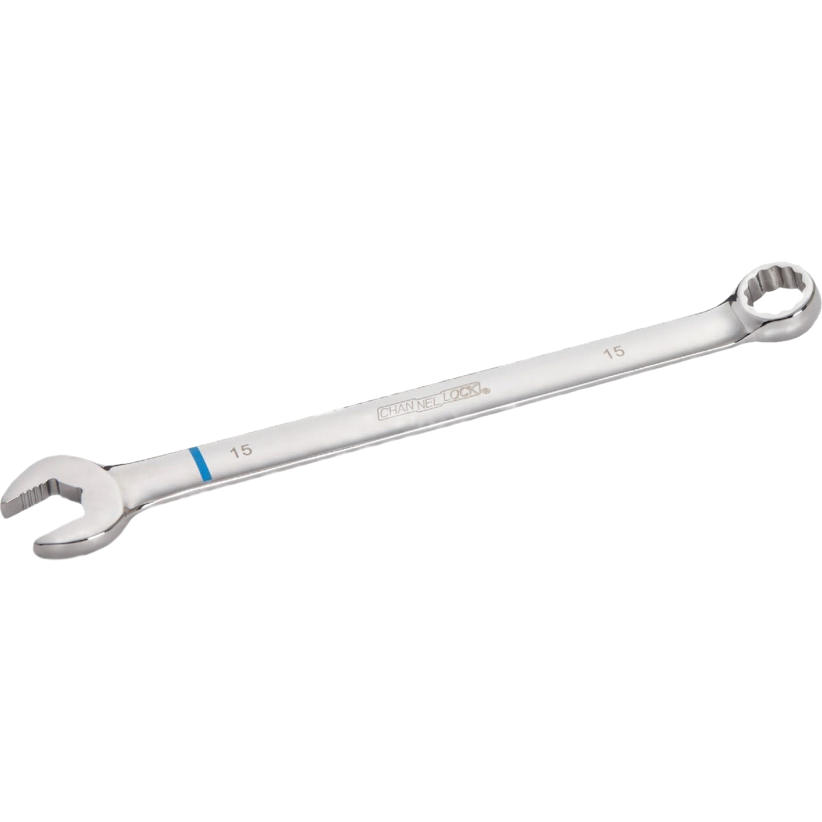 Polished 15mm 12-point combination wrench with metric markings for tools and home improvement tasks