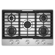Stainless steel 30-inch gas cooktop featuring five burners with edge-to-edge cast-iron grates and weighted control knobs, part of cooktops and kitchenware for home improvement.