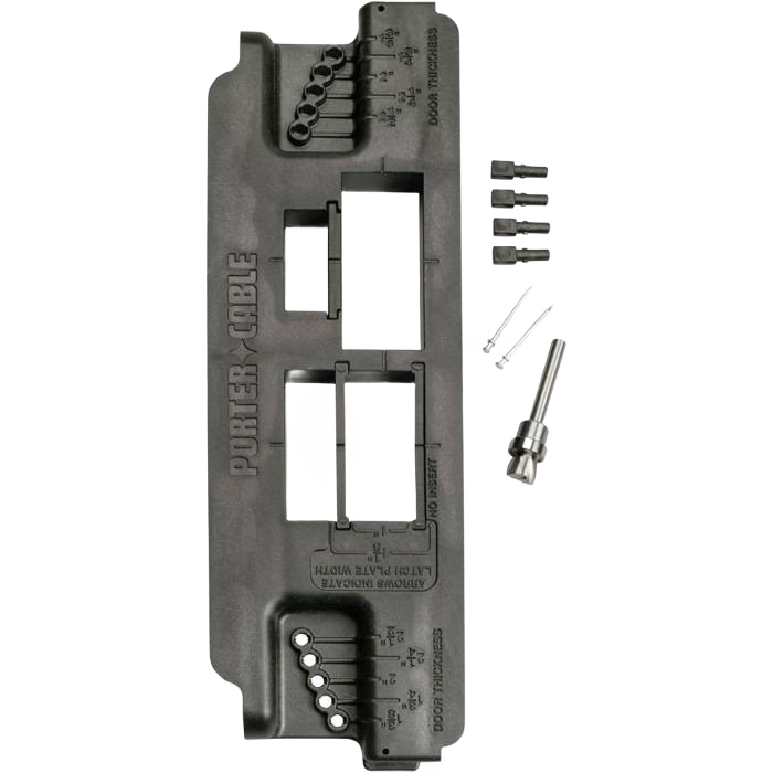 Black plastic woodworking template with precision holes and metal pins for door latch and strike installation tools under $50 collection
