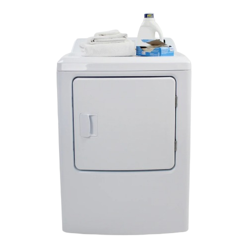 White electric clothes dryer with front door and laundry items on top in appliances and electric dryers collection