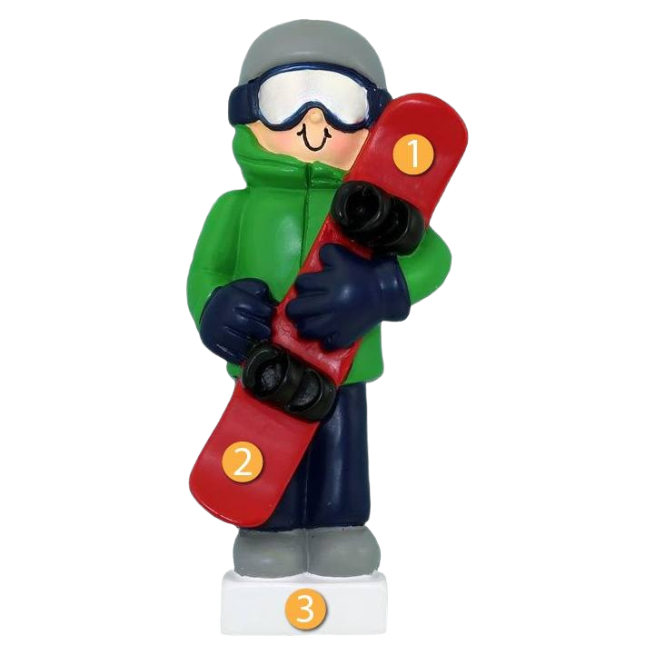 Personalized male snowboarder ornament in winter gear holding red snowboard for Christmas Ornaments & Tree Decorations collection