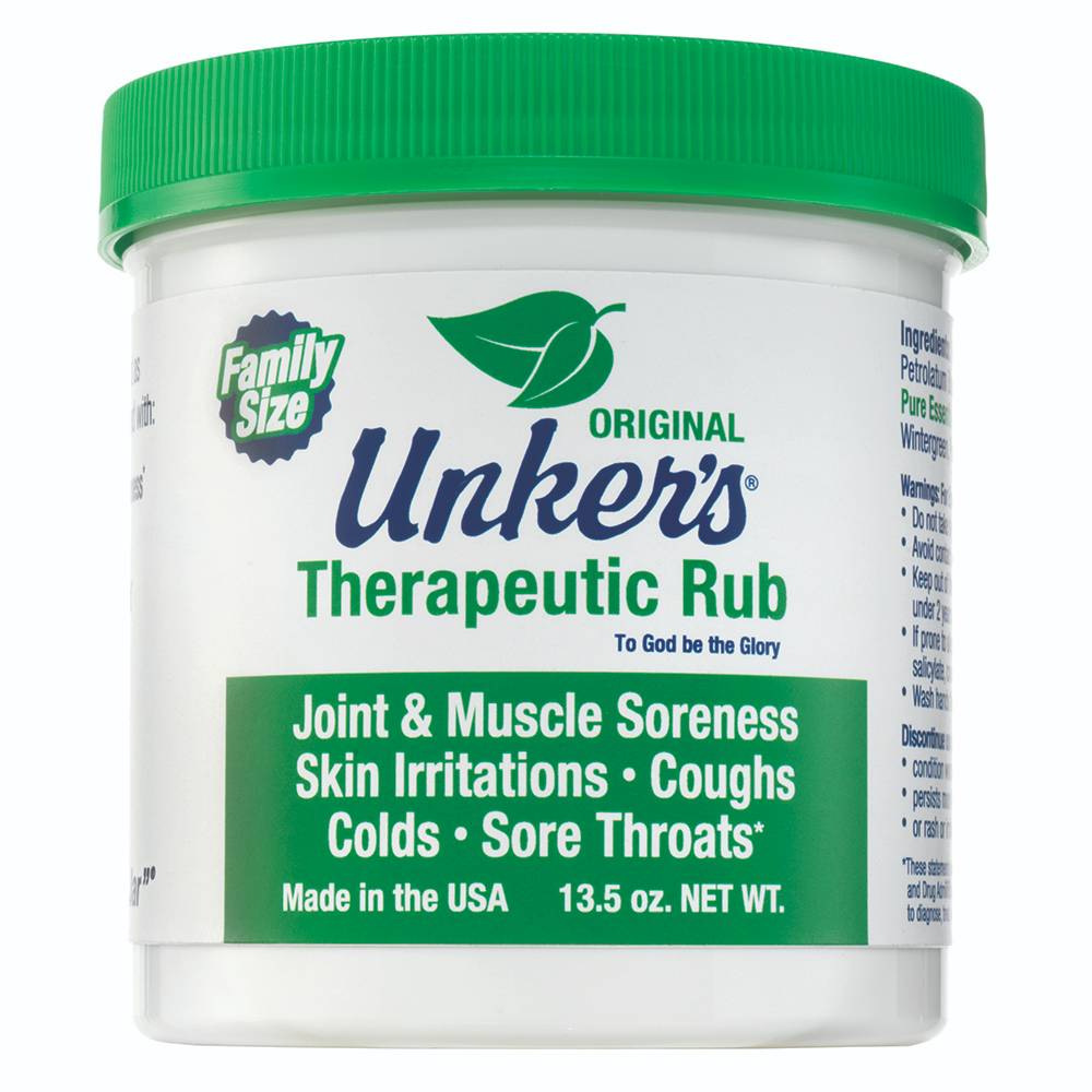 White jar with green lid of Unker’s rub for relief from joint and muscle soreness in Health & Beauty and Skin Care collections