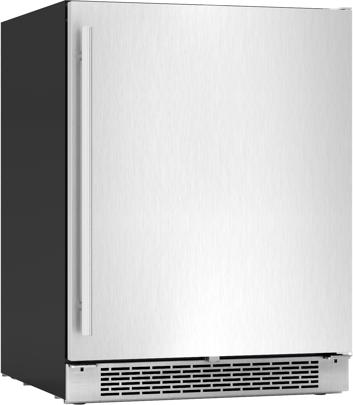 Undercounter beverage cooler with solid stainless steel door, vertical handle, and front vent grille for kitchen appliances and beverage centers.