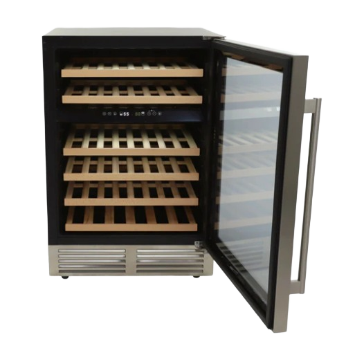 43-bottle dual-zone wine cooler with wooden shelving, stainless steel trim, digital controls, and glass door from appliances collection