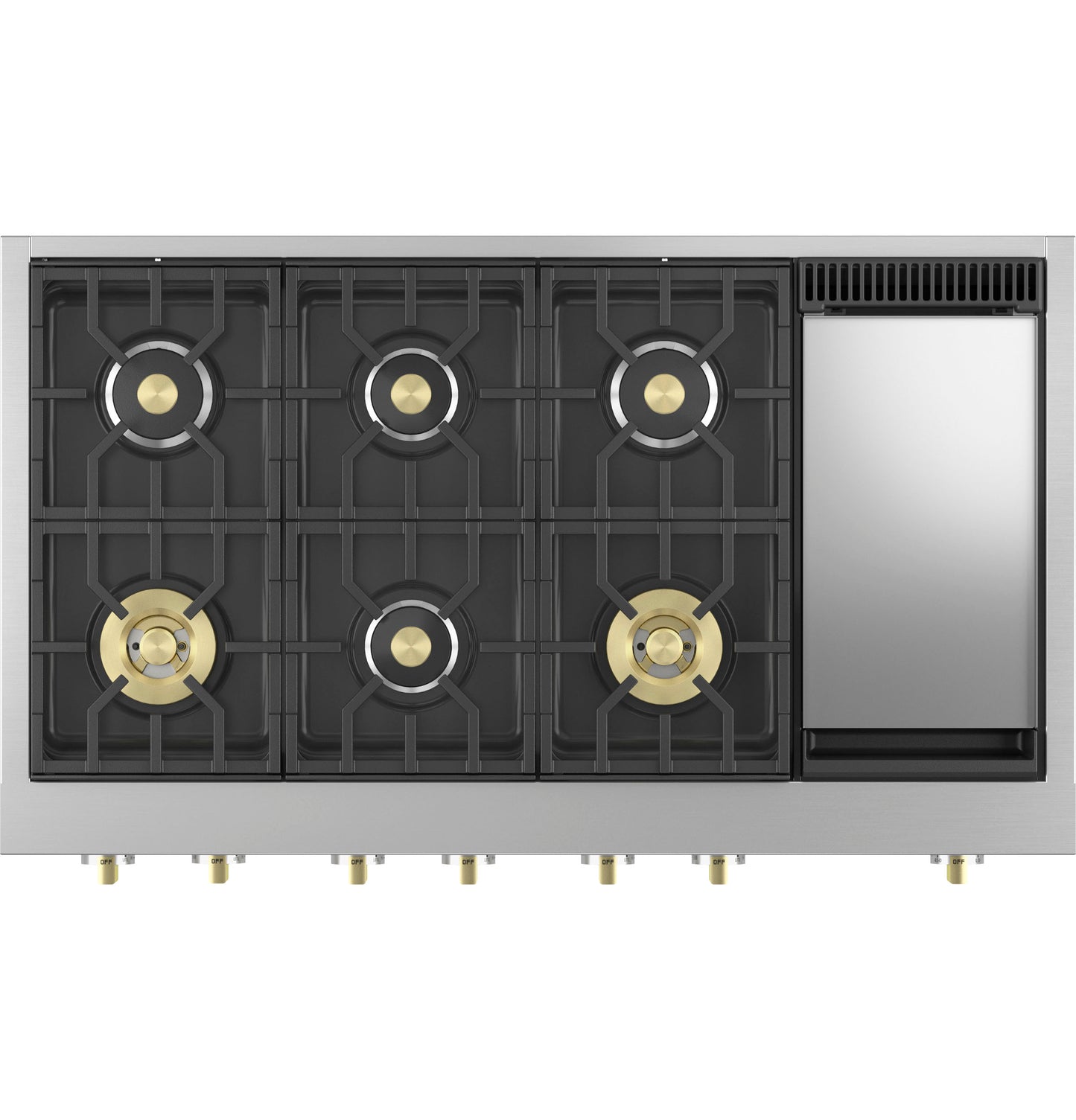 Professional 48-inch stainless steel gas rangetop with six burners, brass accents, griddle, in Cooktops and Appliances collections