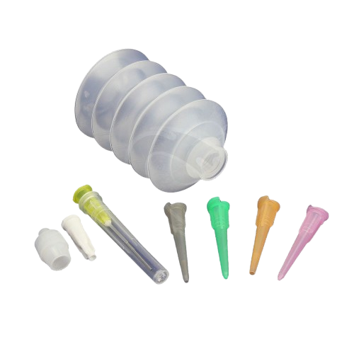 Accordion-style clear squeeze bottle with assorted colored precision tips for glue and sealant application in Paint & Supplies collections