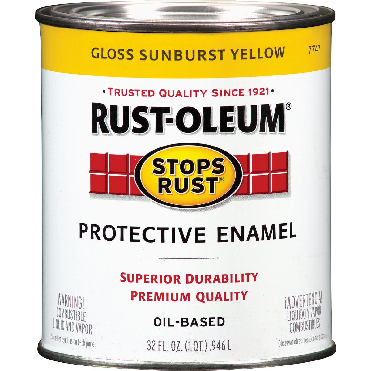 Quart can of Rust-Oleum Stops Rust protective enamel paint in gloss sunburst yellow for home improvement projects