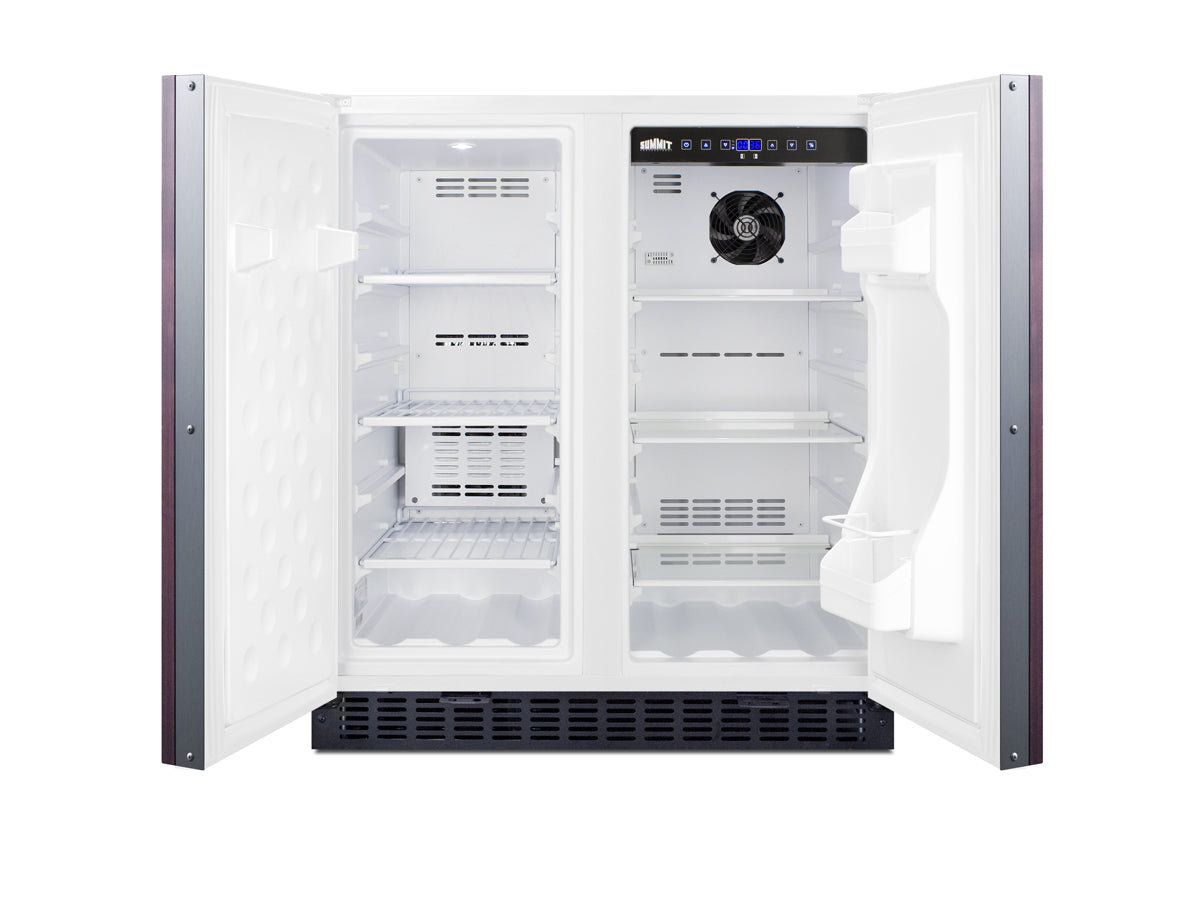 Built-in 30-inch wide side-by-side refrigerator-freezer with open doors and digital controls from kitchen appliances collection