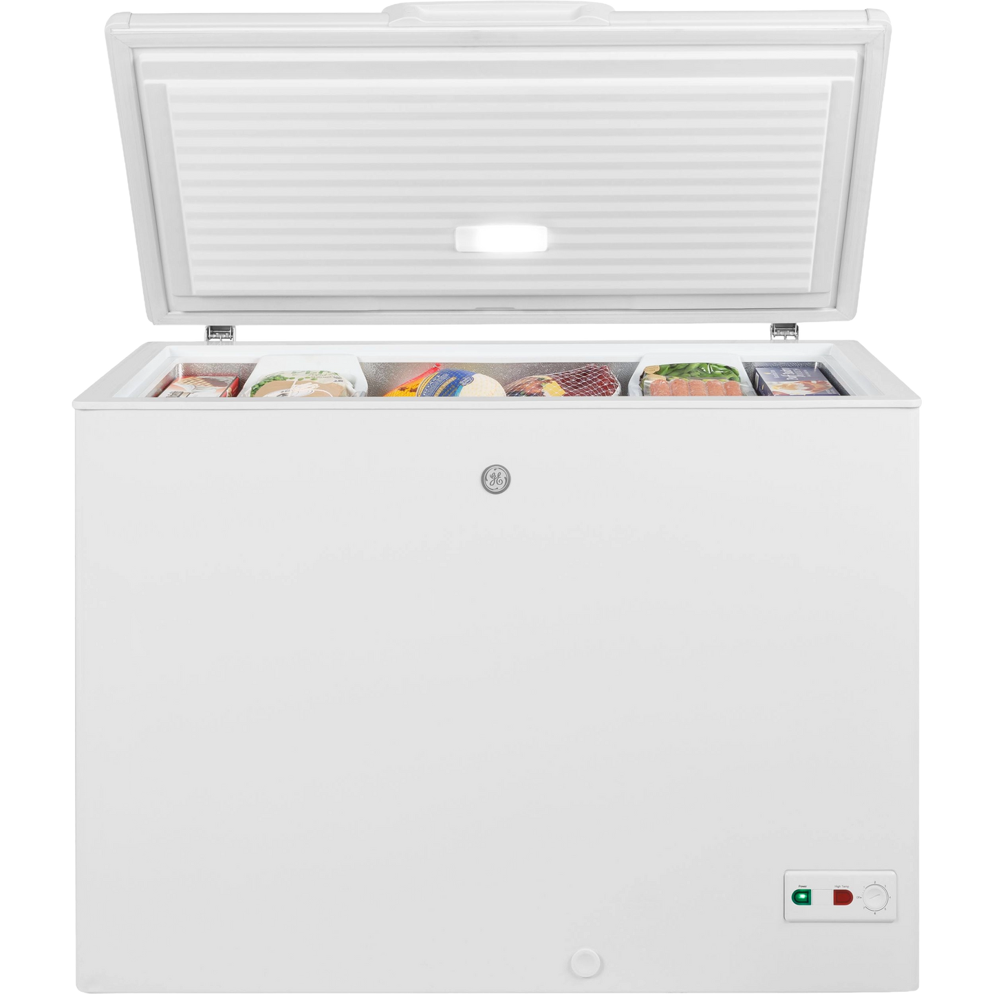 White manual defrost chest freezer with open lid showing organized frozen food inside in kitchen appliance setting
