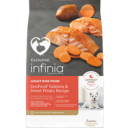 Bag of Infinia ZenFood dry dog food featuring salmon and sweet potato ingredients with a white dog image on label