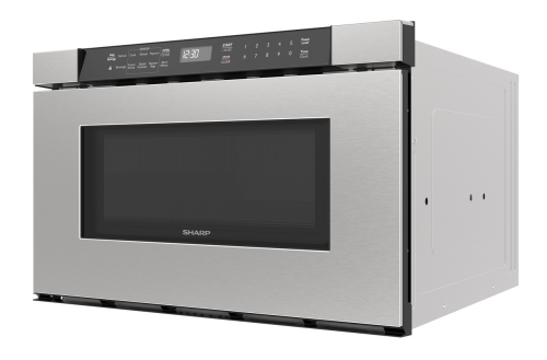 Built-in stainless steel microwave drawer with black digital control panel and angled touch buttons in kitchen appliance setting
