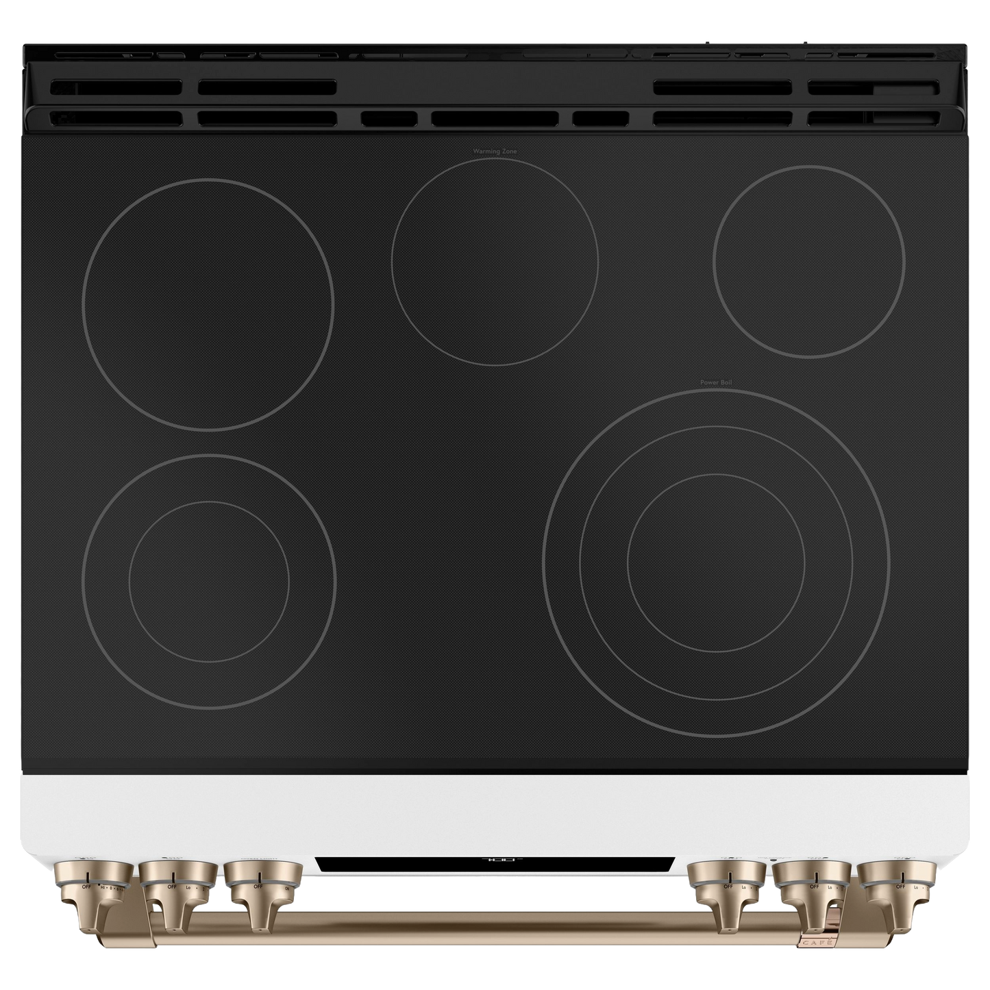 Black radiant cooktop with five burners and bronze front-control knobs from kitchenware and ranges collection