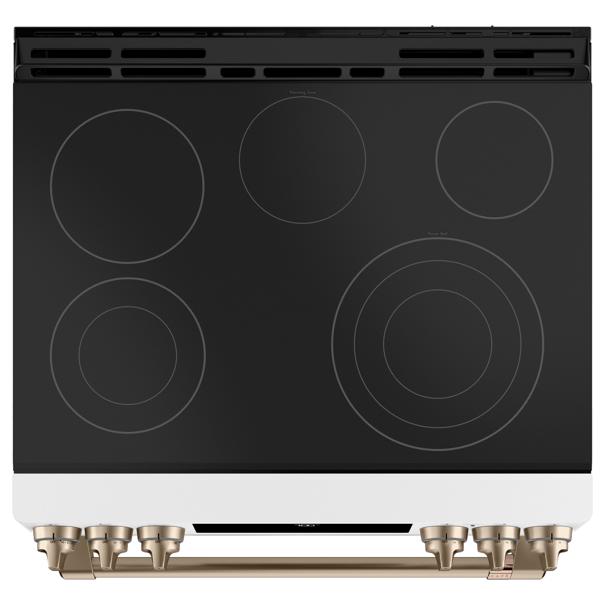 Black radiant cooktop with five burners and bronze front-control knobs from kitchenware and ranges collection